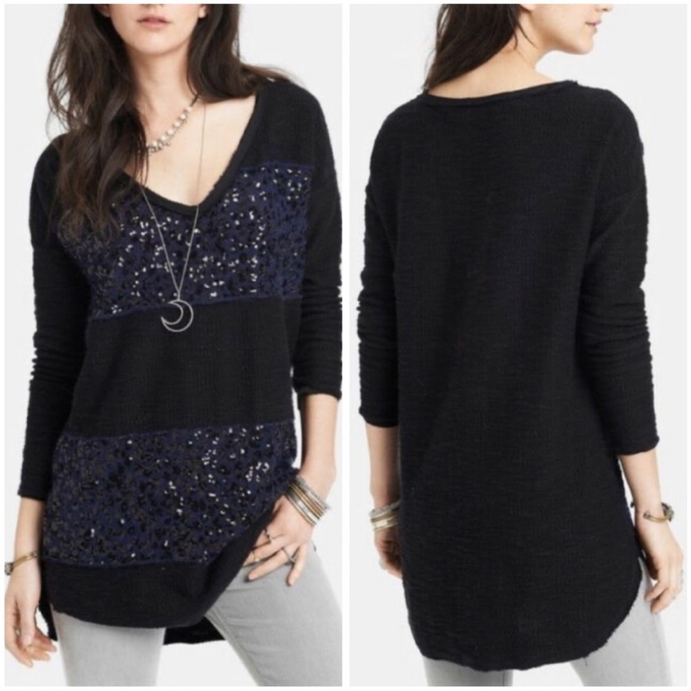Free People Sweater Oversize Sequin V Neck Tunic Blue‎ Black B2
